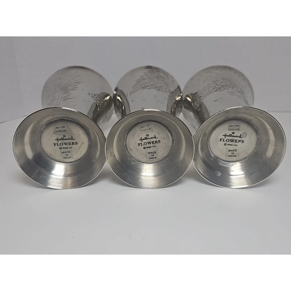 Set of‎ 3 Vintage Hallmark Table Vases Embossed Pine Cones Silver